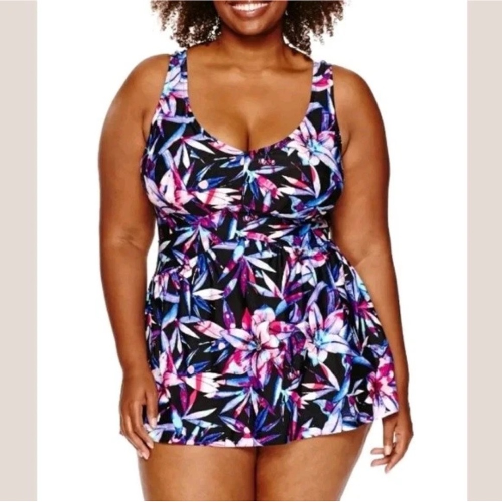 NWT Le Cove Black Floral Print One Piece Swim Dress‎ Women’s SZ 24W